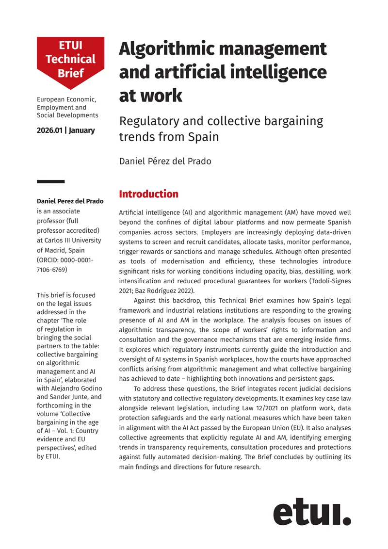 First page of Algorithmic management and artificial intelligence at work: regulatory and collective bargaining trends from Spain