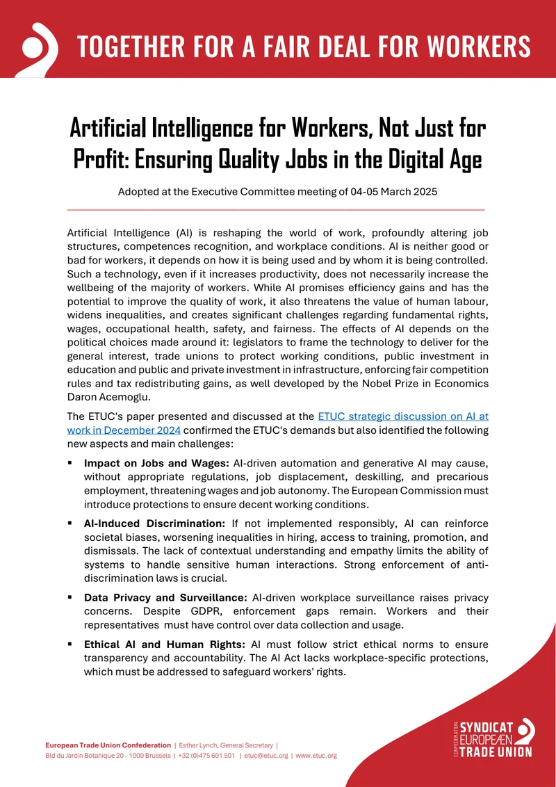First page of Artificial Intelligence for Workers, Not Just for Profit: Ensuring Quality Jobs in the Digital Age