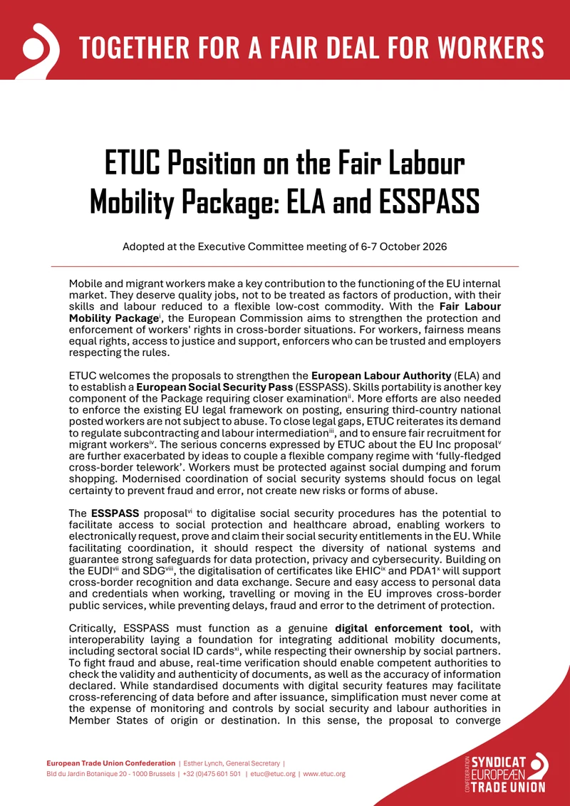 First page of ETUC Position on the Fair Labour Mobility Package: ELA and ESSPASS